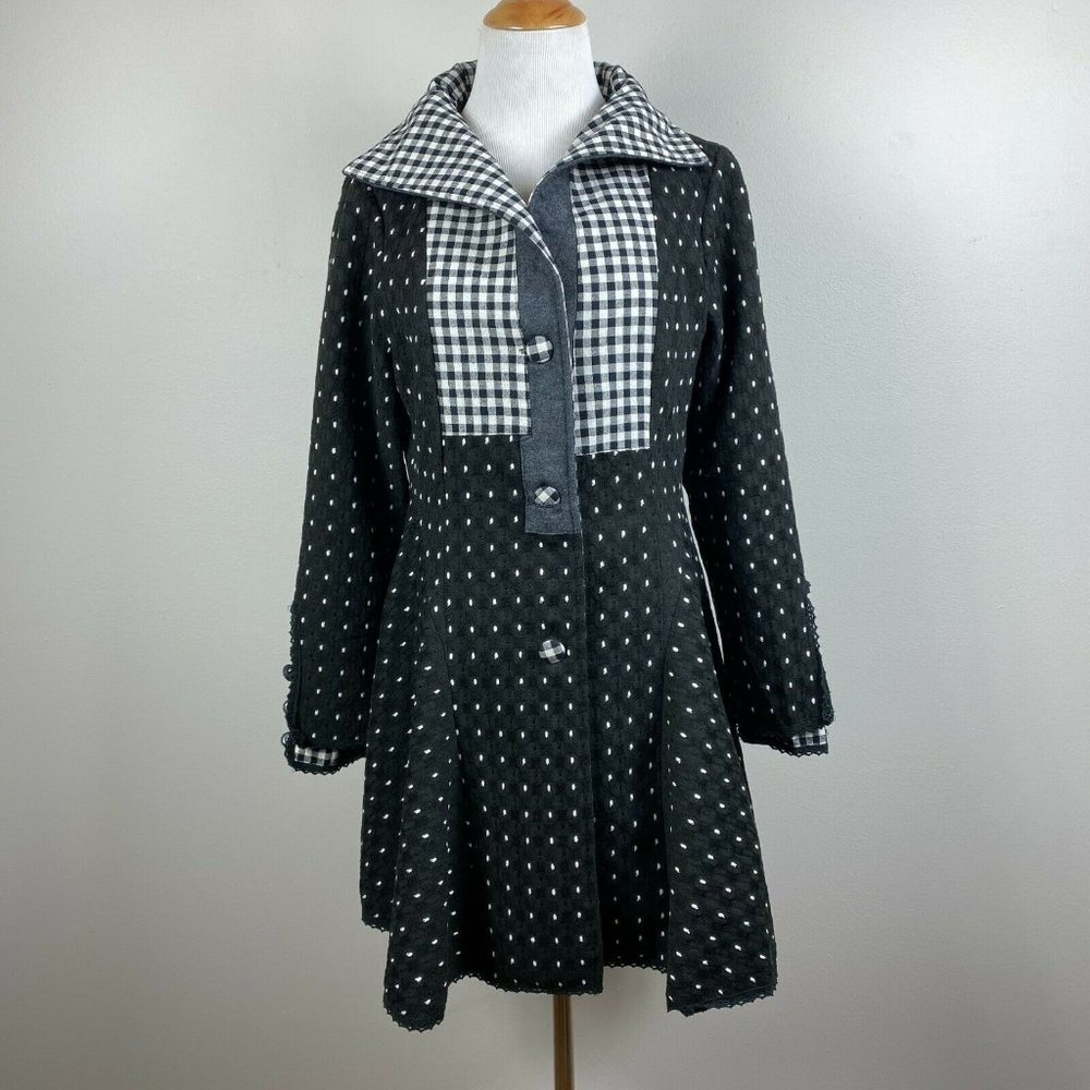 N By Nancy Skirted Coat Jacket M Black White Gingham Mixed Print‎ Lightweight